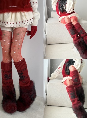 礼物盒里的圣诞惊喜氛围感红色爱心连裤袜叠搭费尔岛羊毛针织袜套