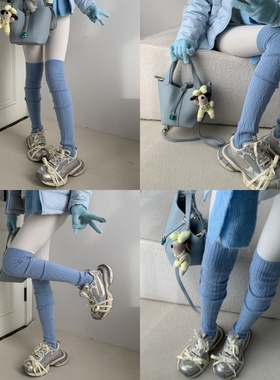 雪落轻吻~氛围感波浪纹针织天蓝色过膝袜叠搭白色裸感瑜伽裤