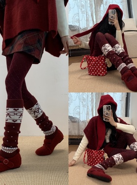 细节决定节日氛围~圣诞新年深红菱格连裤袜叠搭费尔岛针织袜套