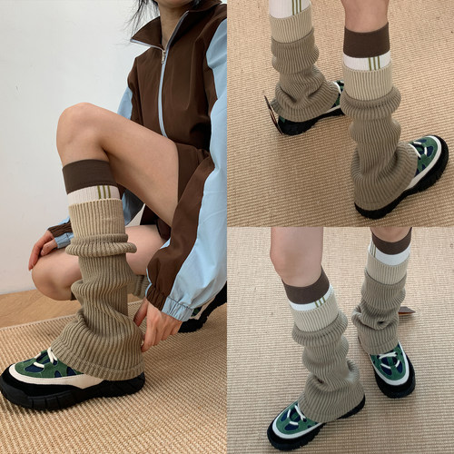 双层针织羊毛简约卡其色堆堆袜