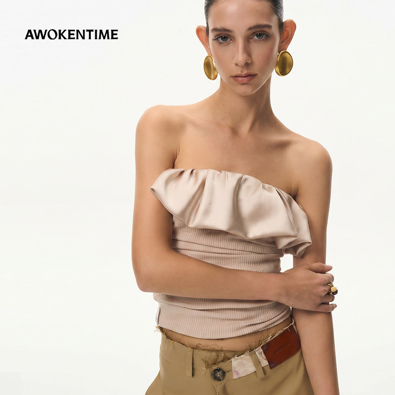 AWOKENTIME立体抹胸女收腰显瘦修身露肩高级感法式上衣