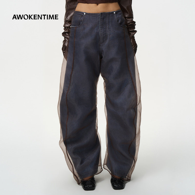 AWOKEN TIME 双层棕色网纱长款弯刀深蓝阔腿牛仔裤2025秋冬新款,女装/女士精品,牛仔裤,淘宝优惠券,粉丝福利购,淘宝优惠卷