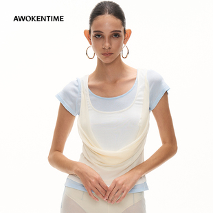 AWOKENTIME天丝羊毛坑针织叠层拼接薄款短袖女2026年夏季新款