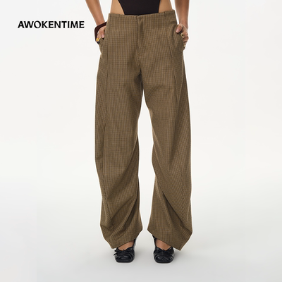 AWOKENTIME复古千鸟格纹羊毛扭扭裤休闲2026年春季新款