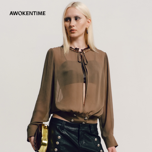 AWOKENTIME 法式系带雪纺木耳边长袖衬衣女26年秋季新品立领衬衫