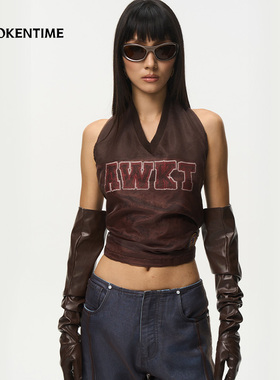 AWOKEN TIME 双层网纱字母印花系带挂脖露背系带吊带上衣2025秋新