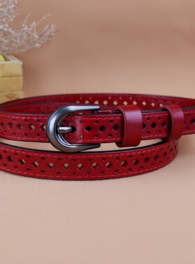 免打孔镂空皮带纯牛皮腰带女复古红色真皮裤带头层牛皮装饰本命年