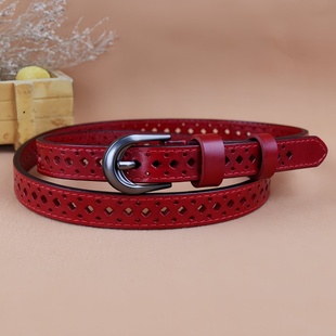 免打孔镂空皮带纯牛皮腰带女复古红色真皮裤 饰本命年 带头层牛皮装