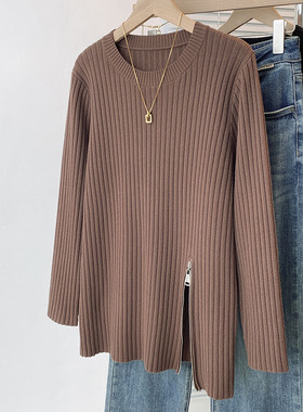 【80-200斤】设计感开叉拉链套头毛衣女秋冬宽松显瘦遮肚针织上衣