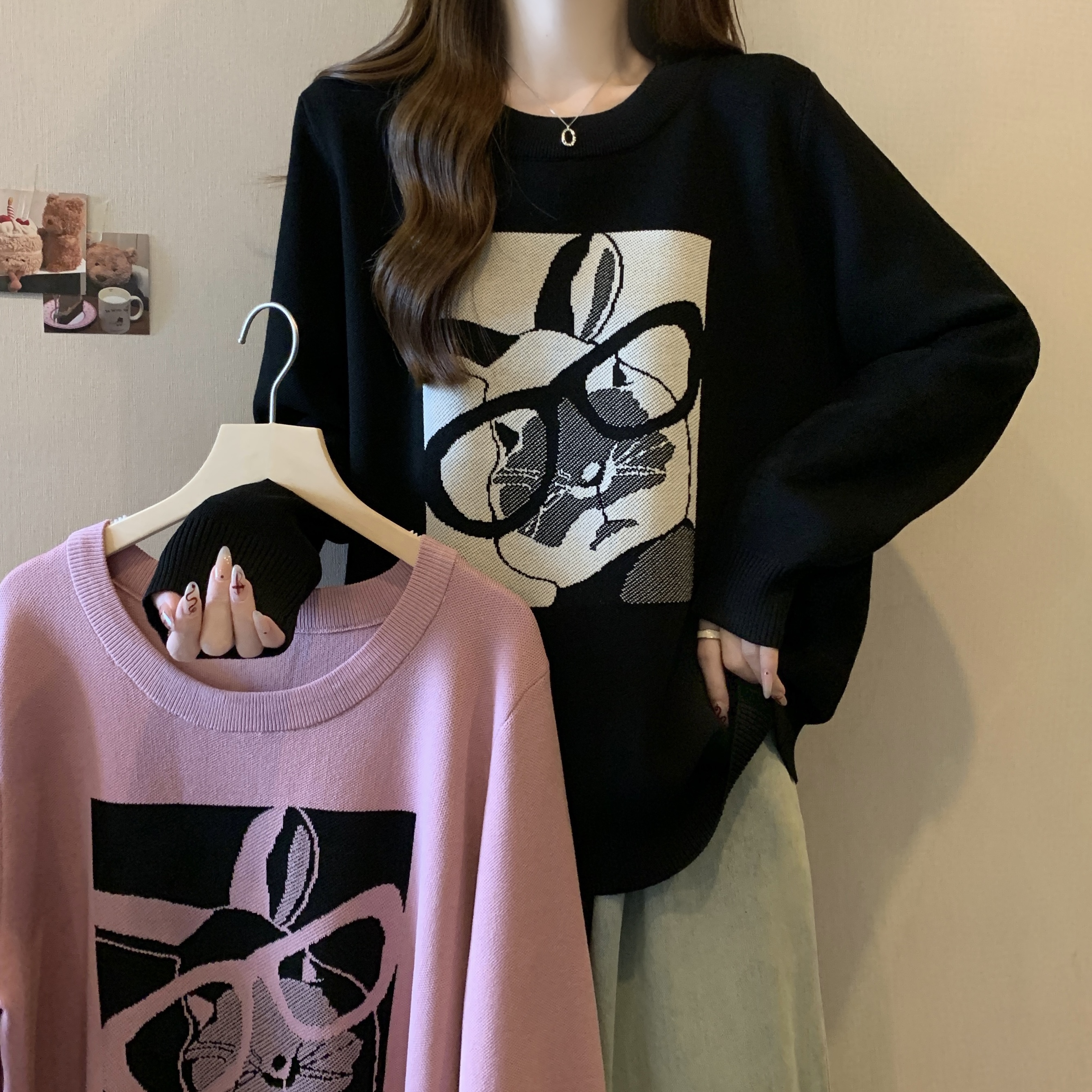 提花圆领慵懒风毛衣女秋冬