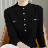女装 极简风黑色中领长袖 针织衫 大码 女冬气质百搭修身 显瘦纽扣上衣