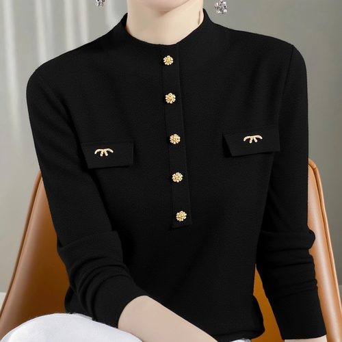极简风黑色中领长袖针织衫女冬