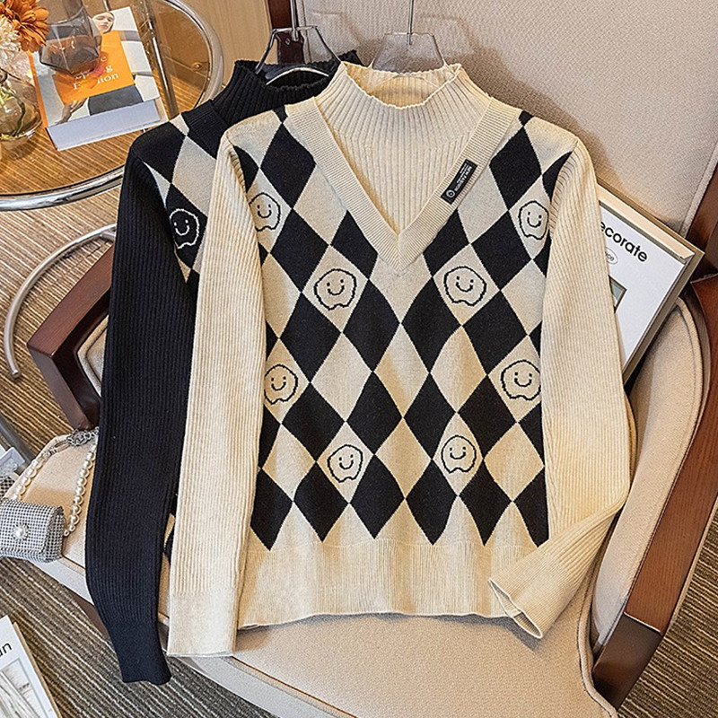 半高领拼接假两件针织毛衣女