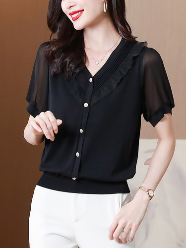 V领纽扣冰丝短袖女夏季小香风