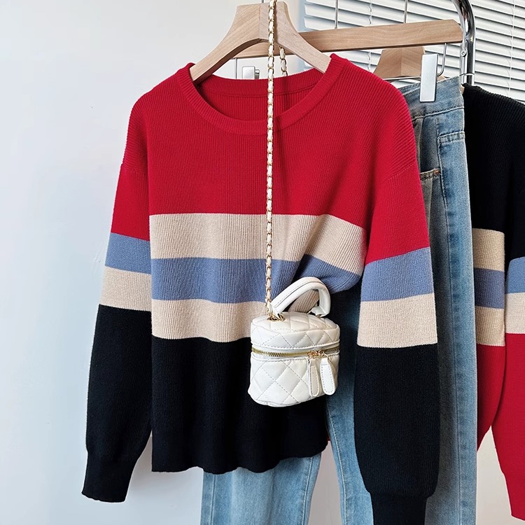 圆领撞色条纹套头毛衣女冬外穿