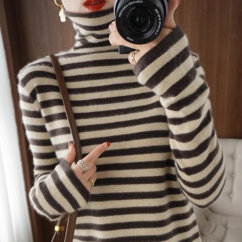 堆堆领条纹打底针织衫女秋冬季