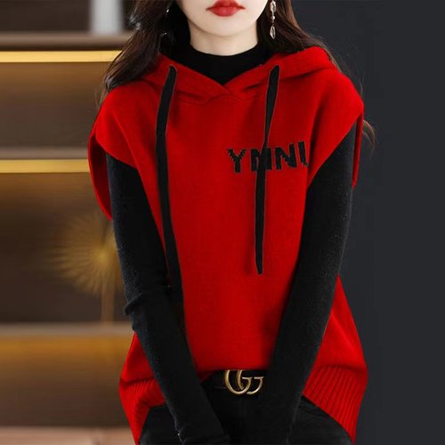 连帽无袖针织马甲背心女秋冬