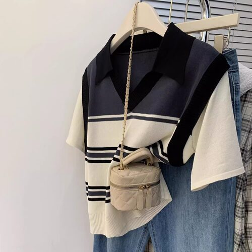 正肩v领假两件针织短袖t恤女夏季