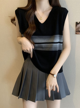 【80-200斤】大码V领条纹渐变背心女夏季宽松显瘦无袖坎肩上衣潮