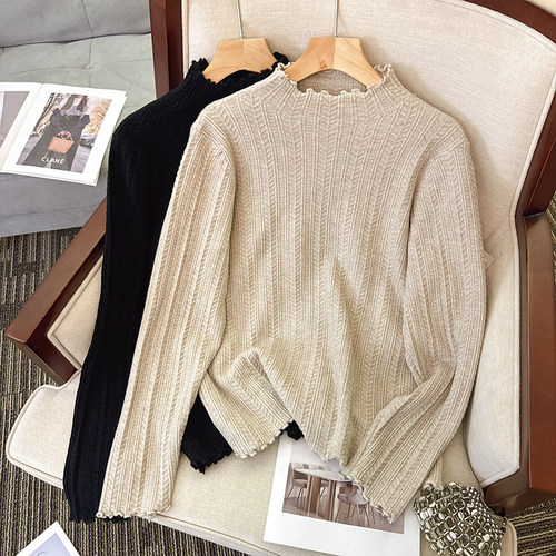 木耳边针织上衣女秋冬半高领