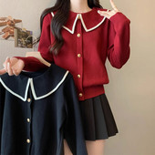 大码 娃娃领上衣小香风针织打底衫 女装 显瘦红色毛衣女秋冬2024新款