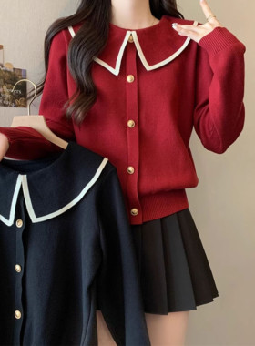 大码女装显瘦红色毛衣女秋冬2024新款娃娃领上衣小香风针织打底衫