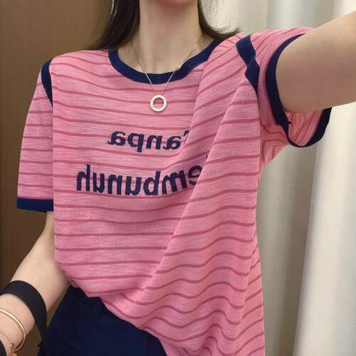 条纹撞色短袖T恤女夏季露肩上衣