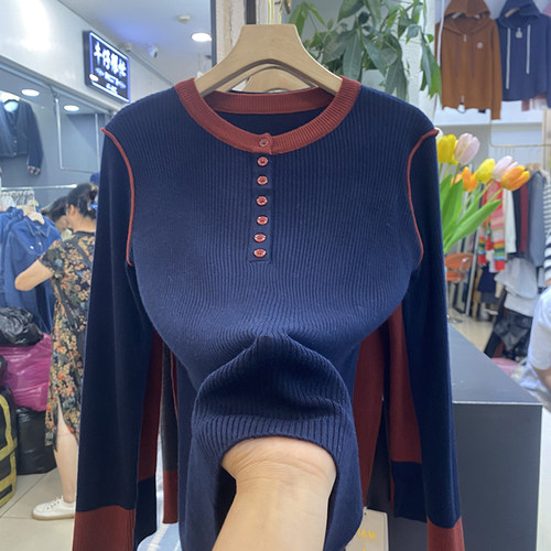 撞色圆领长袖半开领针织衫女秋冬