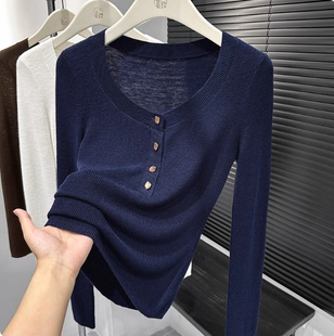 200 气质圆领长袖 针织衫 大码 内搭打底衫 修身 高级感上衣 女装