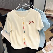 女装 彩色排扣针织开衫 别致蝴蝶结T恤女夏季 大码 宽松显瘦短袖 上衣