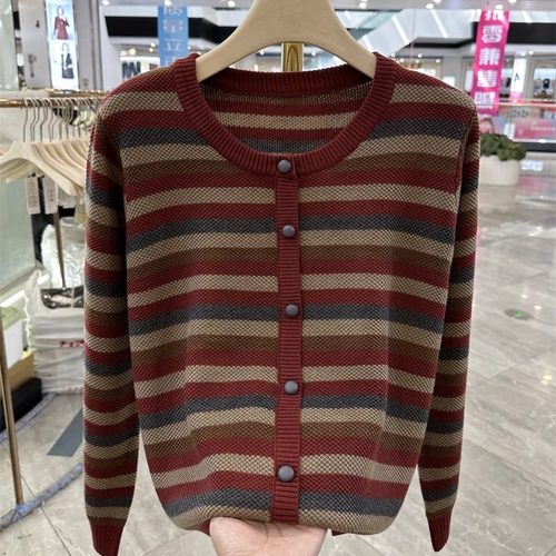 复古圆领条纹毛衣女秋冬洋气