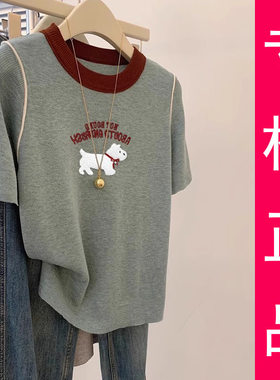 可爱小狗刺绣圆领短袖T恤女夏季