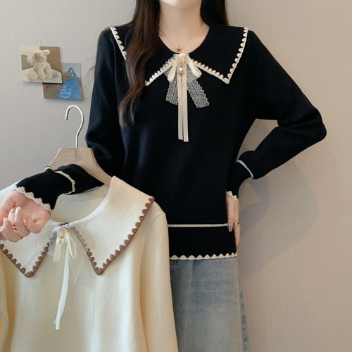 娃娃领撞色针织上衣女秋冬