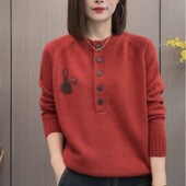 宽松显瘦 圆领纽扣套头毛衣女秋冬减龄提花针织打底衫 200斤