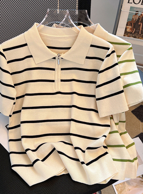 宽松显瘦【80-200斤】POLO领冰丝短袖T恤女夏季洋气条纹拉链上衣