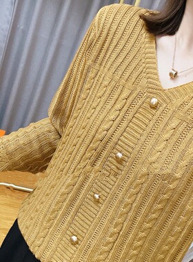 宽松显瘦【80-200斤】复古麻花针织打底衫女秋冬V领上衣钉珠毛衣