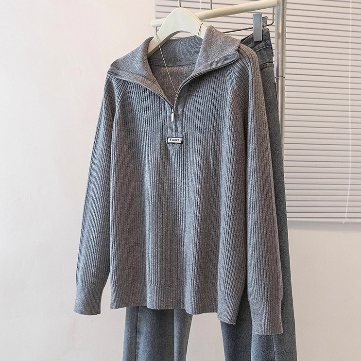 半拉链针织上衣女Polo领毛衣