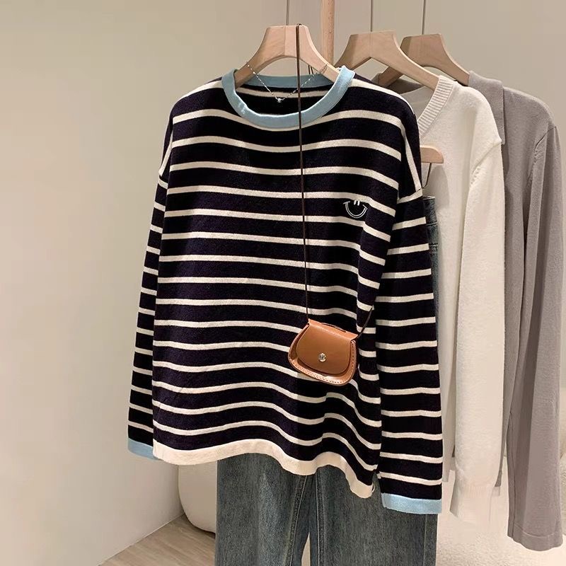 撞色圆领条纹长袖针织打底上衣女