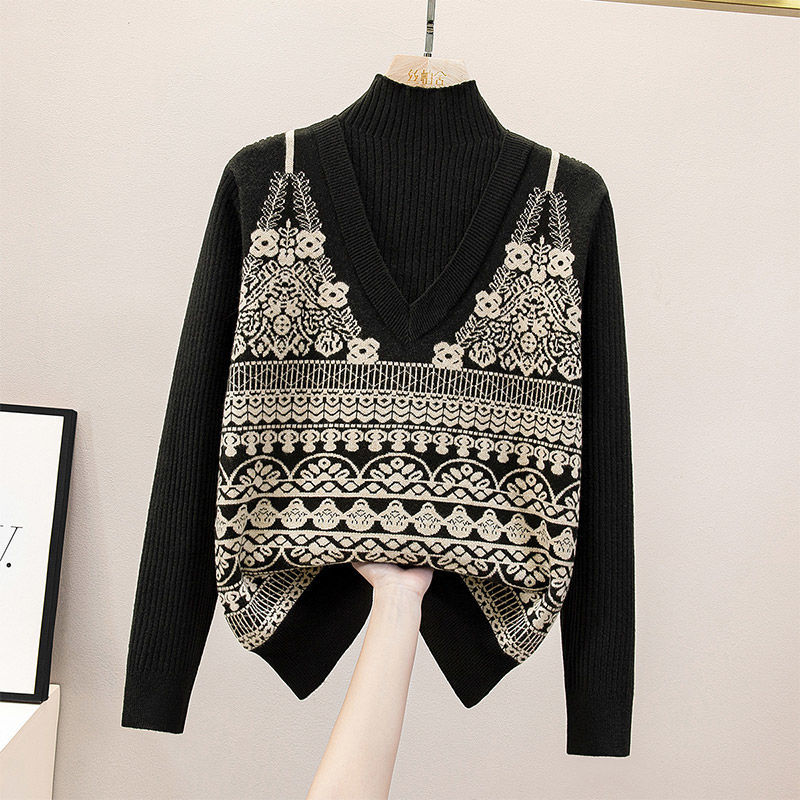 假两件提花毛衣女秋冬半高领