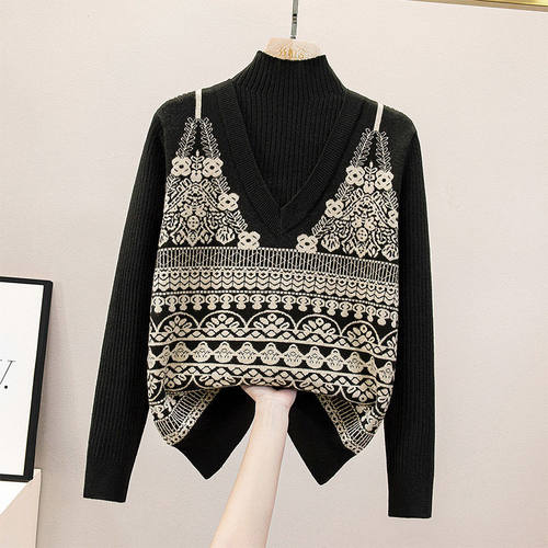 假两件提花毛衣女秋冬半高领