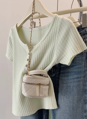 【80-200斤】气质V领冰丝短袖T恤女夏季薄款显瘦纯色正肩休闲上衣