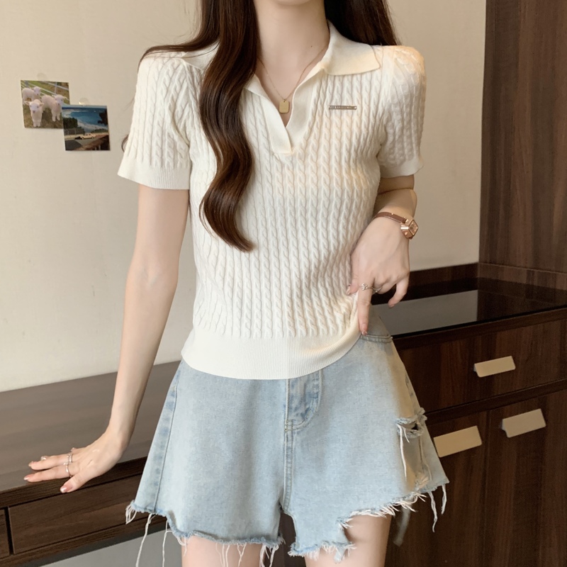 Polo领麻花冰丝短袖T恤女夏
