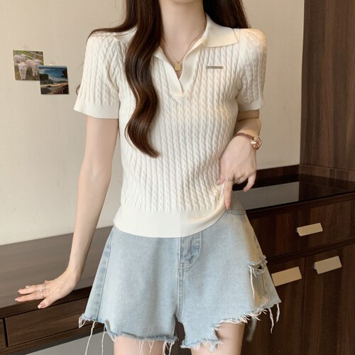 Polo领麻花冰丝短袖T恤女夏