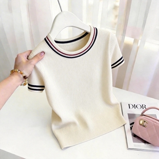 T恤女夏季 宽松显瘦 撞色条纹圆领短袖 200斤 韩系穿搭上衣女