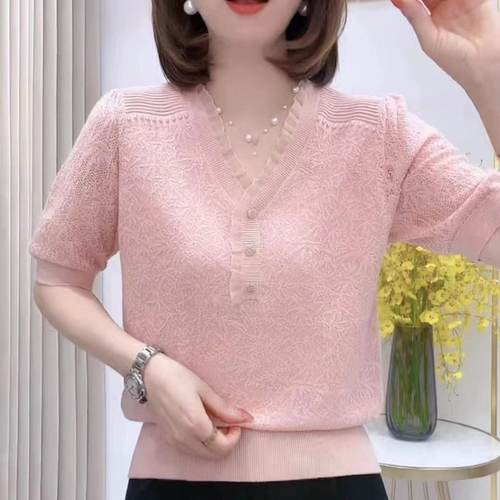 V领蕾丝冰丝短袖T恤女夏季