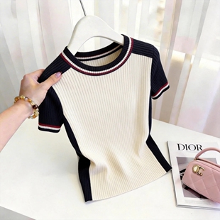 显瘦 T恤女夏薄款 撞色弹力针织短袖 减龄打底上衣 200斤 修身