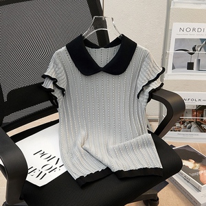 大码女装飞飞袖冰丝短袖T恤女夏季镂空撞色娃娃领洋气针织上衣潮