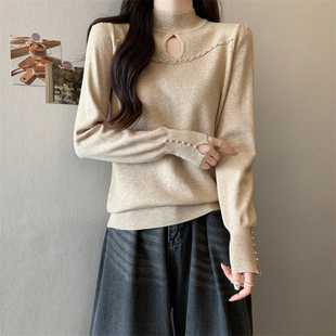 半高领毛衣女秋冬钉珠镂空设计感针织衫 大码 200斤 上衣 女装