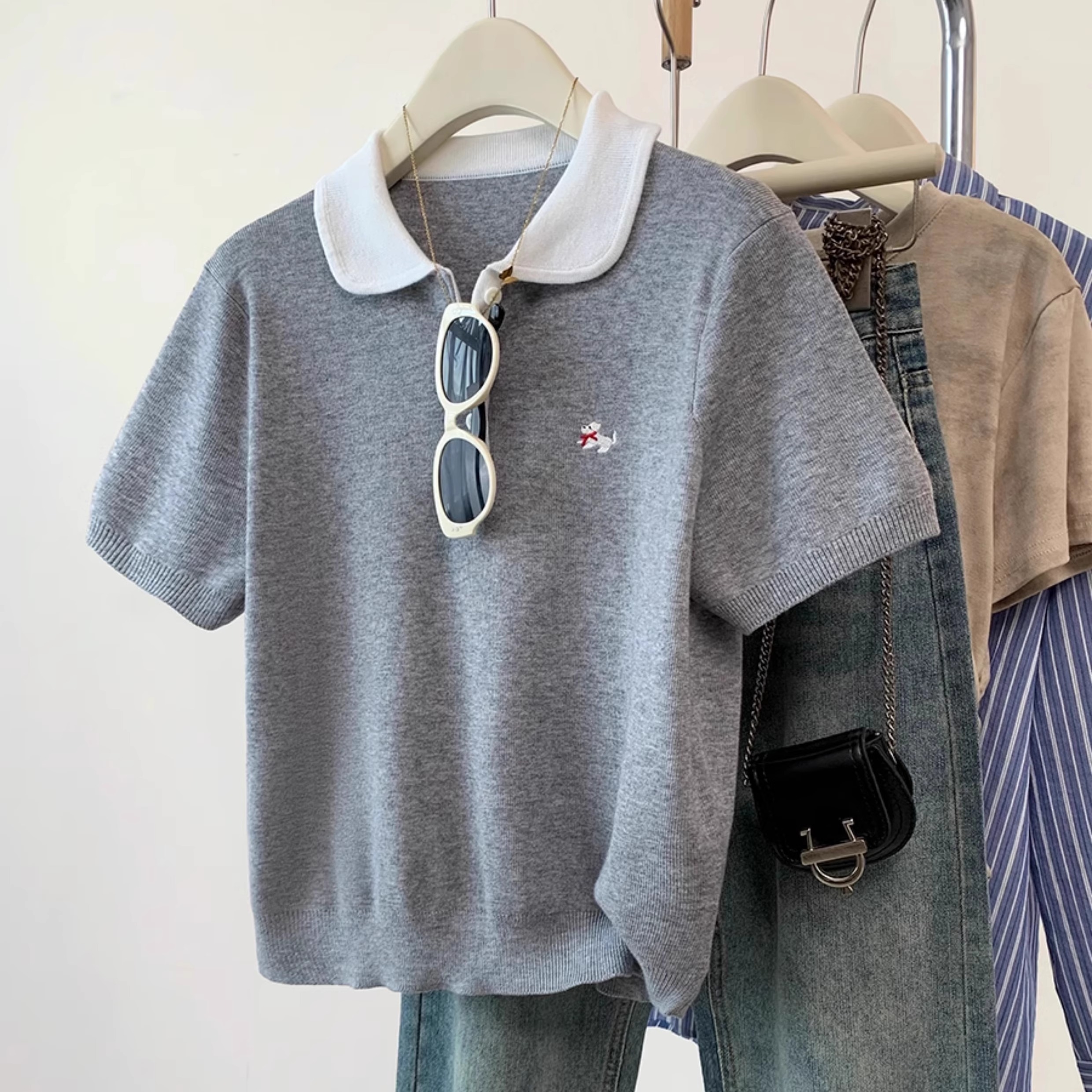 刺绣拼色翻领针织上衣女夏季