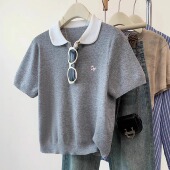 纽扣套头衫 宽松显瘦 刺绣拼色翻领针织上衣女夏季 新款 200斤